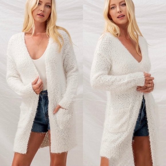Love Tree Sweaters - White Eyelash Popcorn Knit Long Cardigan Pockets
